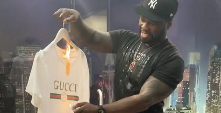 50 cent burns gucci t shirt